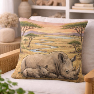 Rhino Mama And Calf Safari Animals  Throw Pillow