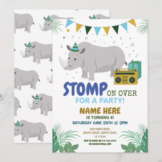 Rhino Party Kids Birthday Animal Fun Invitation (Front/Back)