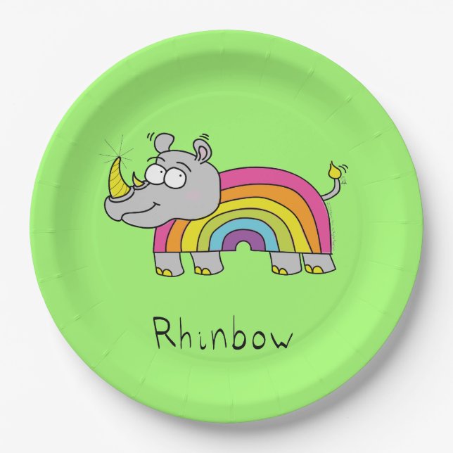 Rhino Rainbow Cute Kids Rhinoceros Paper Plate (Front)