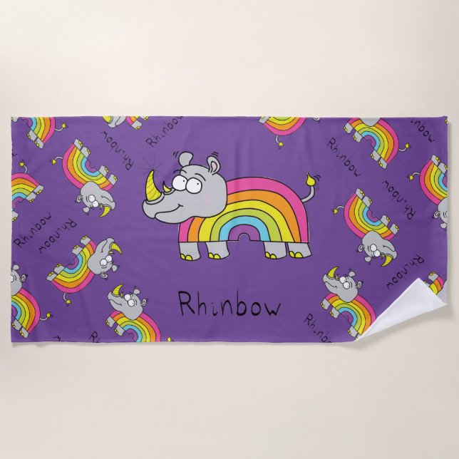 Rhino Rainbow Funny Kids Beach Towel (Front)