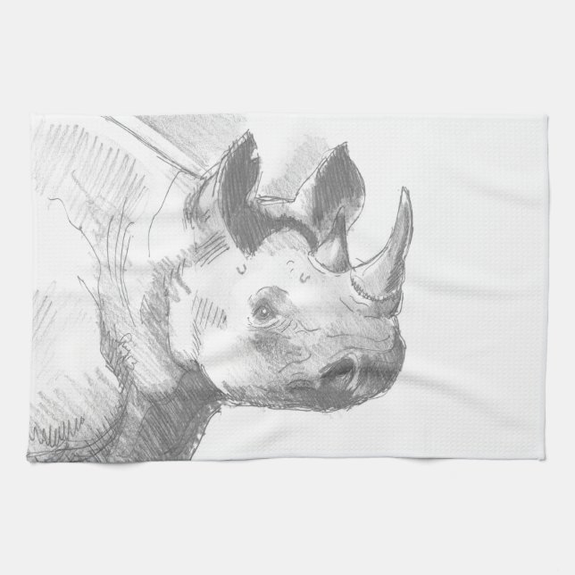 Rhino Rhinoceros Pencil Drawing sketch Kitchen Towel (Horizontal)