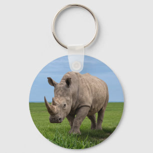 Rhino Standing On Green Hilltop Photo Enlargement Keychain