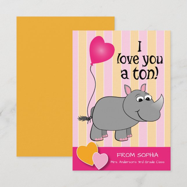 Rhino Valentine's Day Classroom Card (Front/Back)