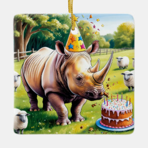 Rhino wearing birthday hat in the english country ceramic ornament
