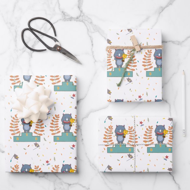 Rhino Wins The Champion Illustration Wrapping Paper Sheet (Front)