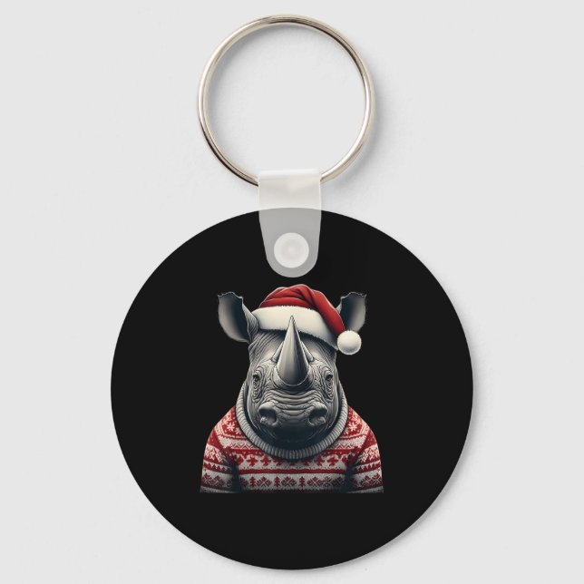 Rhino With Santa Hat Christmas Safari Xmas Rhinoce Keychain (Front)