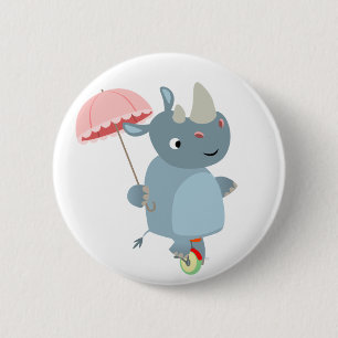 Rhino with Umbrella on Unicycle Button Badge