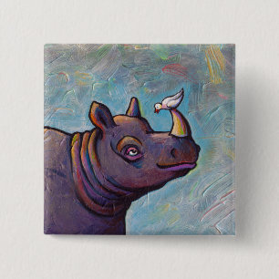 Rhinoceros art little bird gossip fun painting 2 inch square button