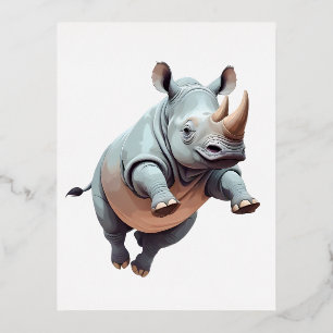 Rhinoceros Happy Playful Fun Jumping In The Air Foil Holiday Postcard