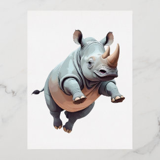 Rhinoceros Happy Playful Fun Jumping In The Air  Foil Holiday Postcard