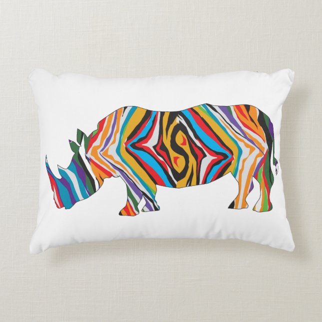 Rhinoceros in a Psychedelic Zebra Pattern Accent Pillow (Front)