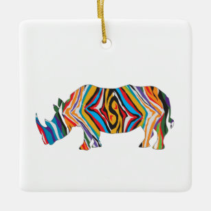 Rhinoceros in a Psychedelic Zebra Pattern Ceramic Ornament