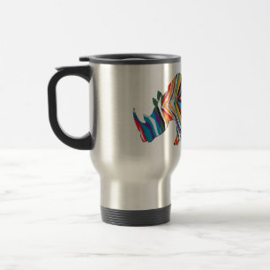 Rhinoceros in a Psychedelic Zebra PAttern Travel Mug