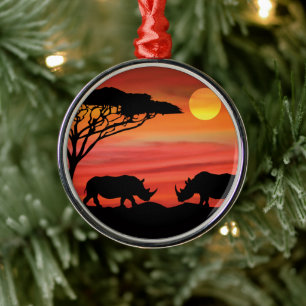 Rhinoceros in the African Serengeti Metal Ornament