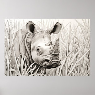 Rhinoceros Peaceful Nature Prairie Sketch Drawing  Poster