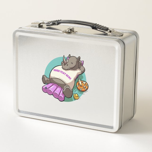 Rhinoceros Relaxing On A Lilo Funny Cartoon Rhino Metal Lunch Box (Front)