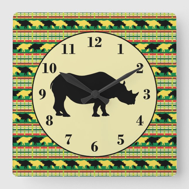 Rhinoceros Safari Weave Pattern and Silhouette Square Wall Clock (Front)