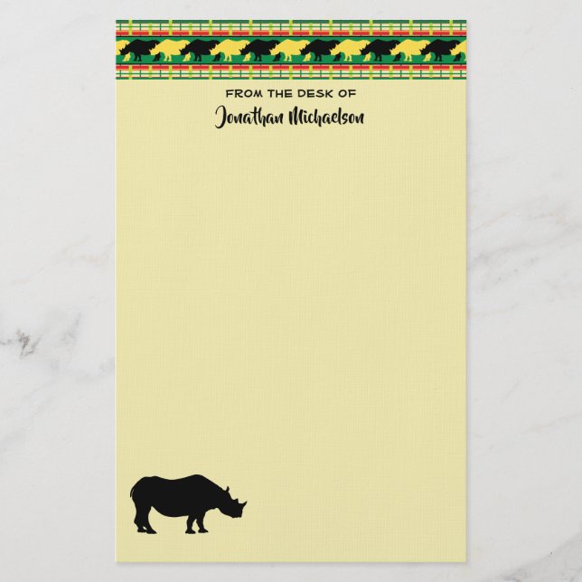 Rhinoceros Safari Weave Pattern Personalized Stationery (Front)
