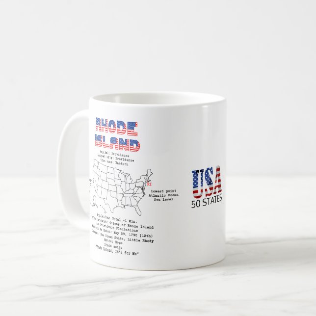 Rhode Island American state on a map and details Coffee Mug (Front Left)