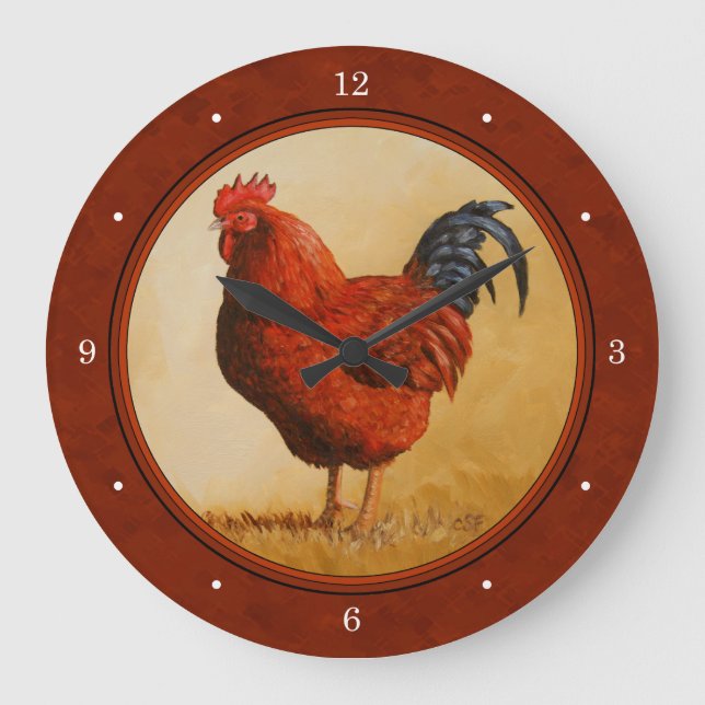 Rhode Island Chicken Red Background Large Clock (Front)