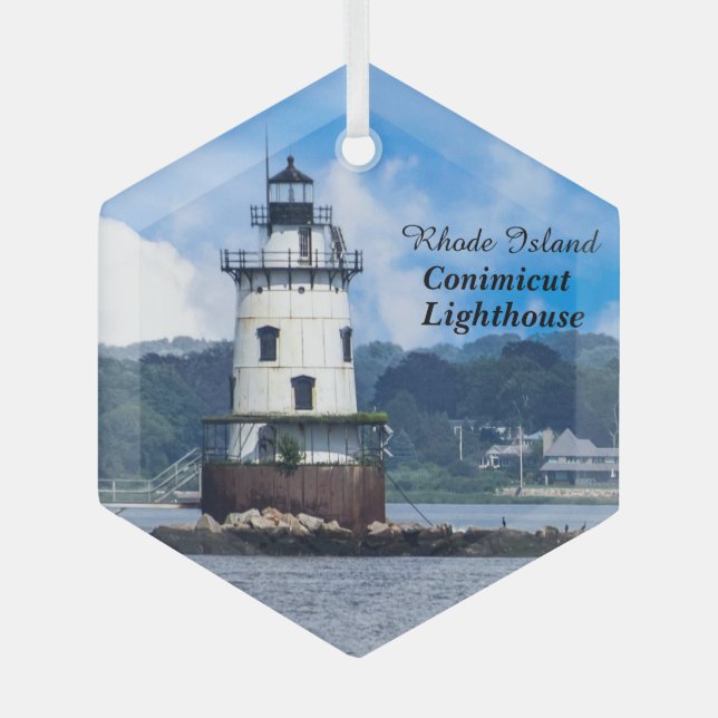 Rhode Island Conimicut Lighthouse Glass Ornament (Front)