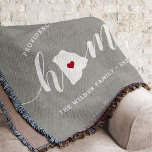 Rhode Island Home State Personalized Throw Blanket<br><div class="desc">Show some home state pride with this cute rustic grey throw blanket featuring "home" in white calligraphy script lettering with a silhouette map of the state of Rhode Island standing in for the letter "O." A red heart illustration inside the state map completes the design; you can change the position...</div>
