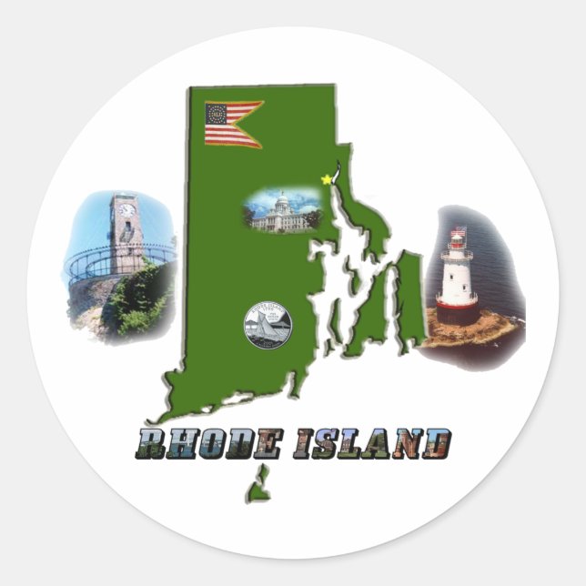 Rhode Island Map, Photos and Text Classic Round Sticker (Front)