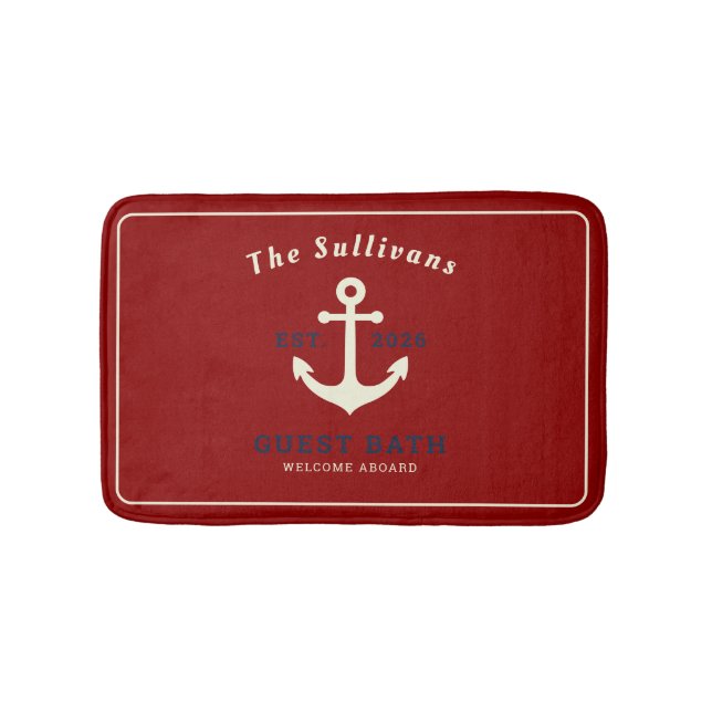 Rhode Island Maritime Anchor Red Custom Name Bath Mat (Front)