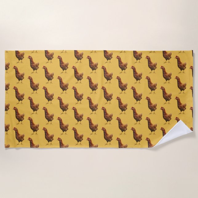 Rhode Island Red Hen Chicken Yellow Beach Towel (Front)