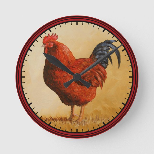 Rhode Island Red Rooster Chicken Round Clock (Front)