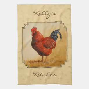 Rhode Island Red Rooster Yellow Background Kitchen Towel
