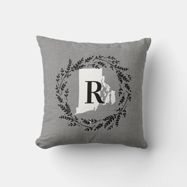 Rhode Island Rustic Wreath Monogram Throw Pillow (Front)