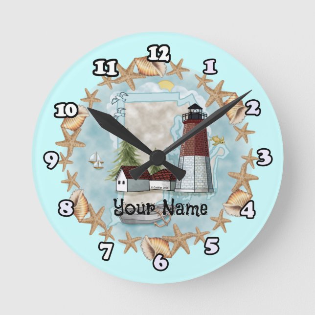 Rhode Island Shell Lighthouse  Round Clock (Front)