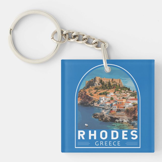 Rhodes Greece Illustration Travel Art Vintage Keychain (Front)