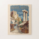 Rhodes Greece Ruins Travel Art Vintage Jigsaw Puzzle<br><div class="desc">Rhodes retro vector travel design. Rhodes,  the largest of Greece’s Dodecanese islands,  is known for its beach resorts,  and ancient ruins.</div>