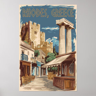 Rhodes Greece Ruins Travel Art Vintage Poster