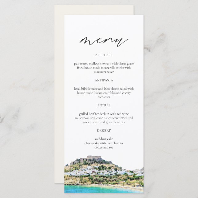 RHODES Greece Skyline Watercolor Wedding Menu Card (Front/Back)