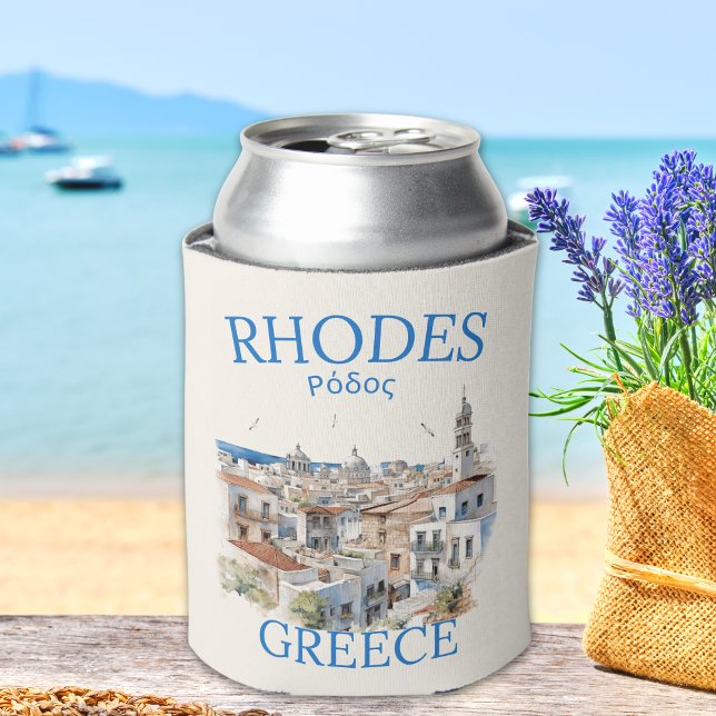 Rhodes Greece Watercolor – Island Travel Gift Can Cooler (Creator Uploaded)