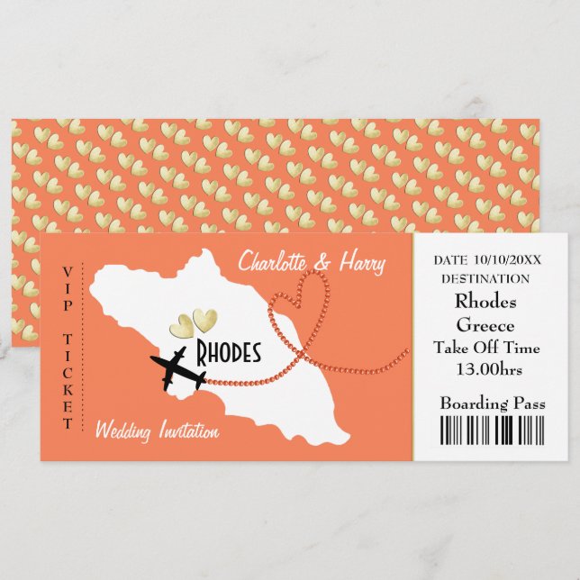 Rhodes Greek Wedding Destination Ticket Style Invitation (Front/Back)