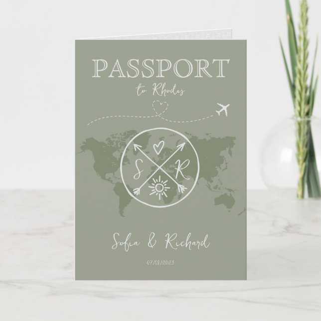 Rhodes  Wedding Destination Map Passport QR Code Invitation (Front)