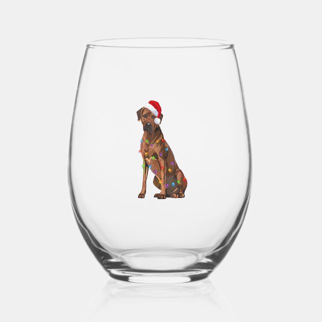 Rhodesian Ridgeback Christmas Lights Xmas Dog Love Stemless Wine Glass (Front)