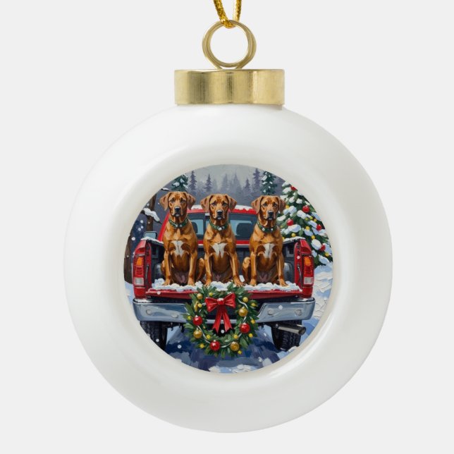 Rhodesian Ridgeback Christmas Red Truck Holiday Ceramic Ball Christmas Ornament (Front)
