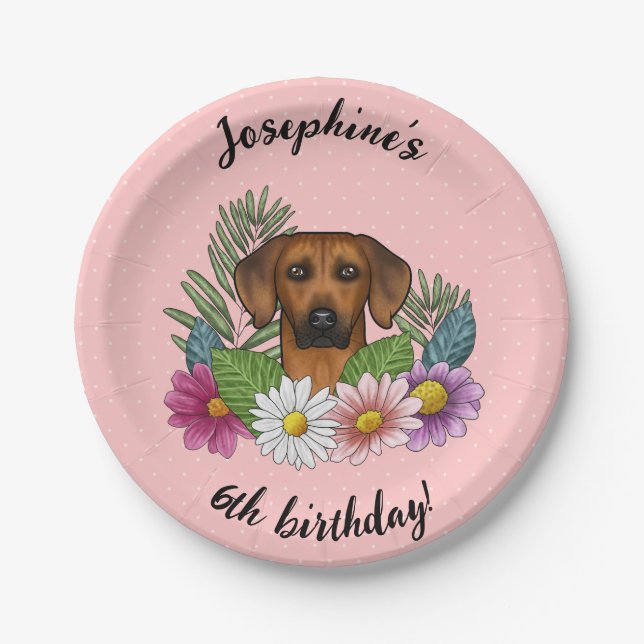 Rhodesian Ridgeback Dog And Flowers Birthday Party Paper Plate (Front)