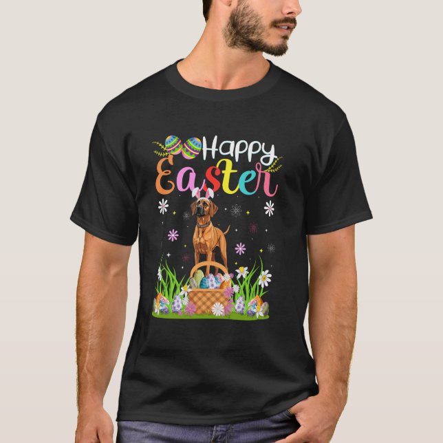 Rhodesian Ridgeback Dog Easter Egg Hunt Bunny Ear  T-Shirt (Front)