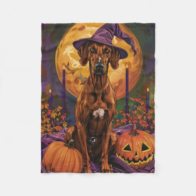 Rhodesian Ridgeback Dog Halloween Witch Pumpkin Fleece Blanket (Front)