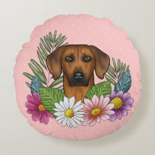 Rhodesian Ridgeback Dog Head Colourful Wildflowers Round Pillow