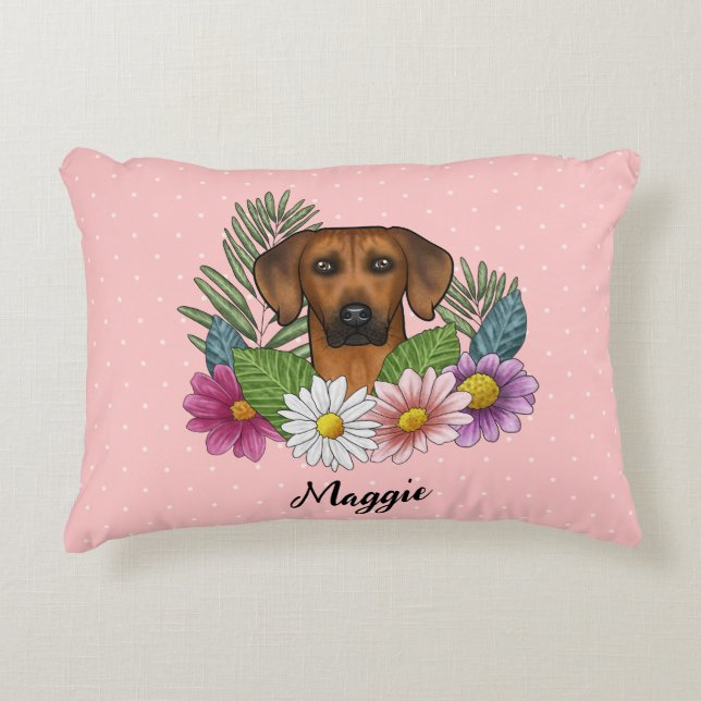 Rhodesian Ridgeback Dog Head Summer Florals Pink Accent Pillow (Front)