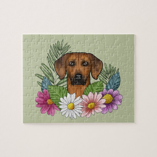 Rhodesian Ridgeback Dog Head Summer Flowers Green Jigsaw Puzzle (Horizontal)