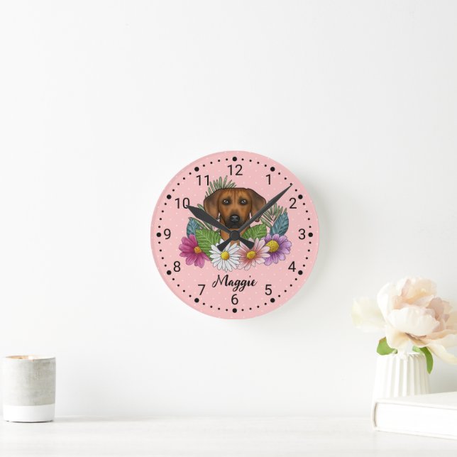 Rhodesian Ridgeback Dog Head Wildflowers On Pink Round Clock (Home)