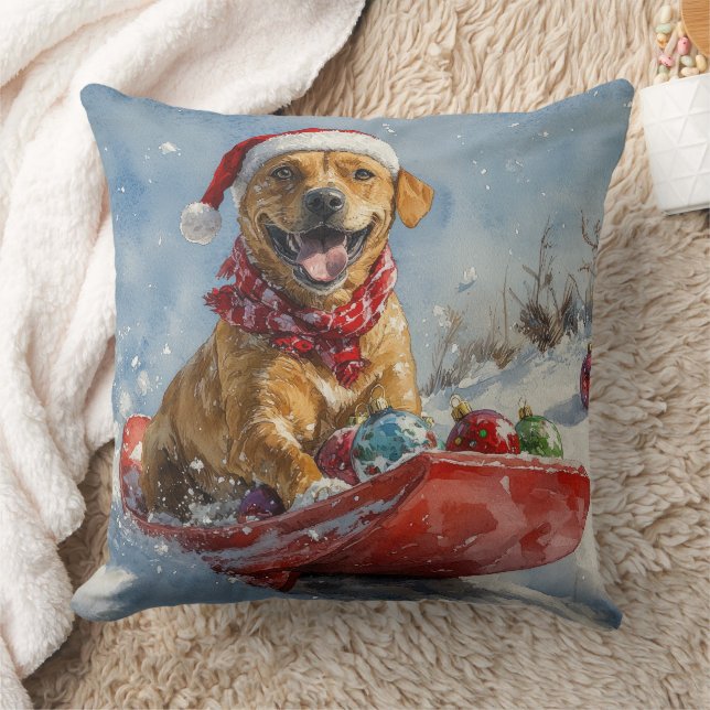 Rhodesian Ridgeback Dog in Sledge Christmas Throw Pillow (Blanket)